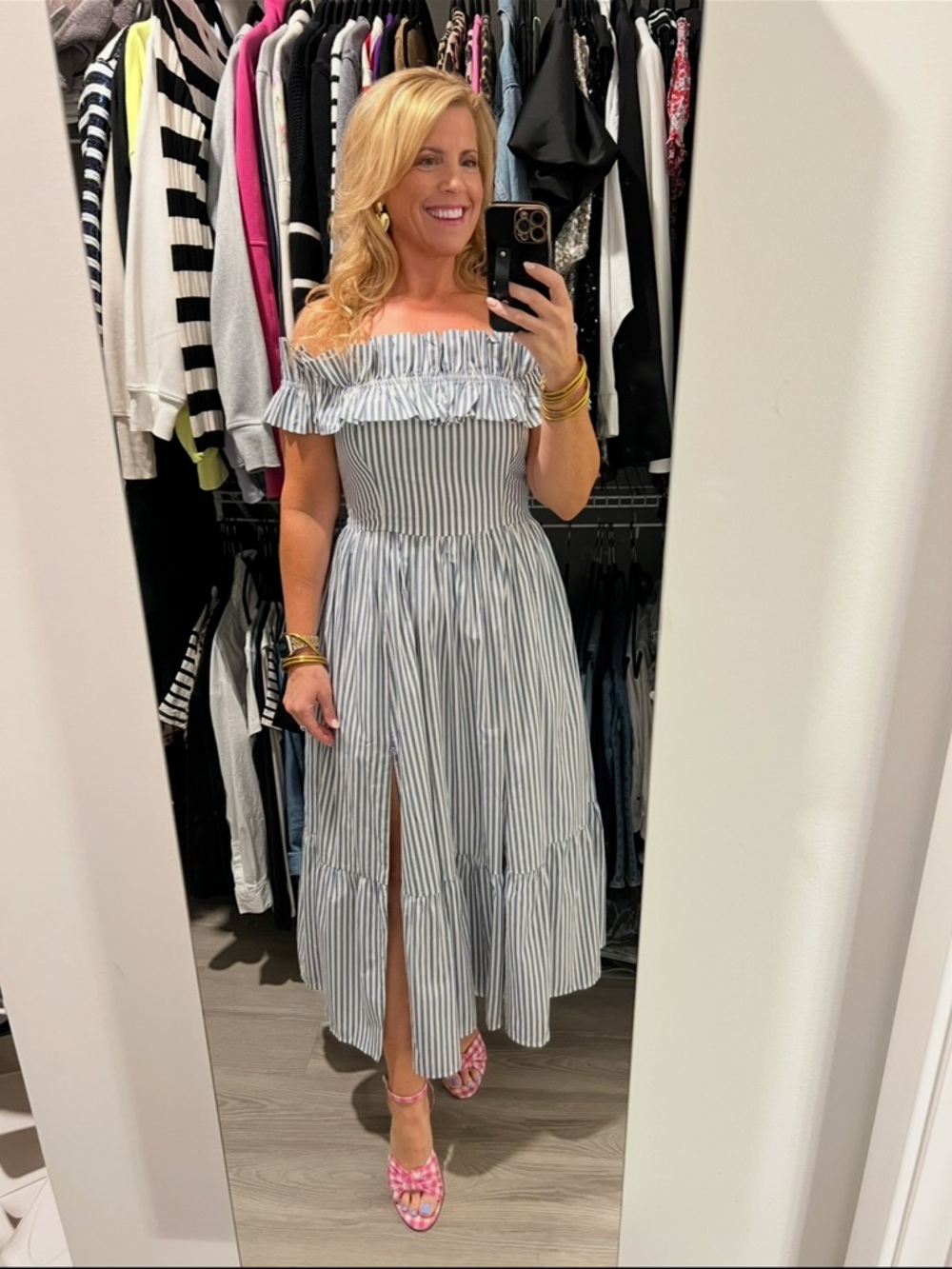 Abercrombie & Fitch Blue and White Striped Ruffle Off-Shoulder Dress